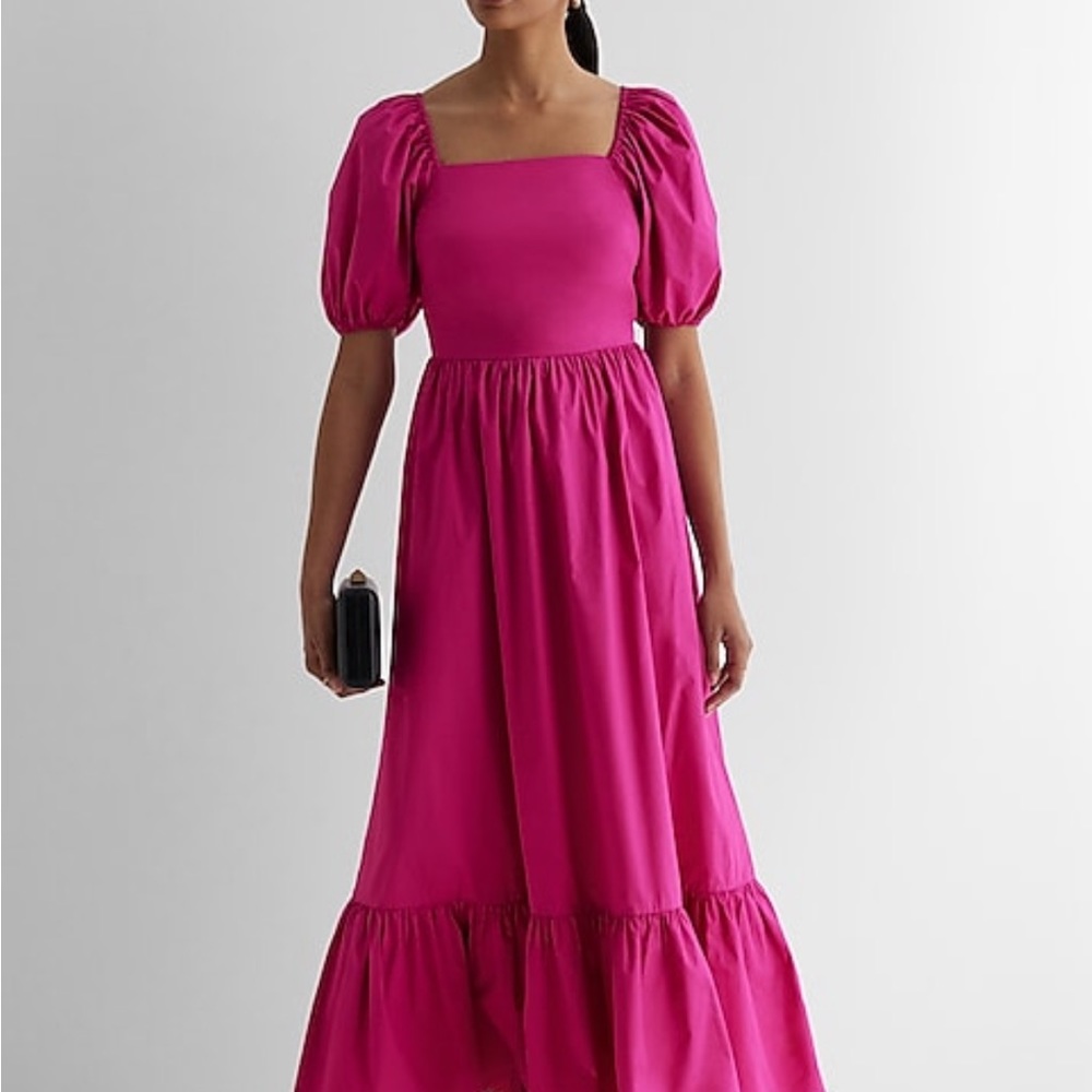 Square Neck Puff Sleeve Tiered Poplin MIDI Dress